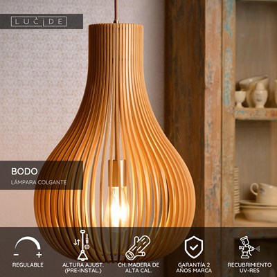 Lucide BODO - Lámpara colgante - Ø 38 cm - 1xE27 - Madera ligera